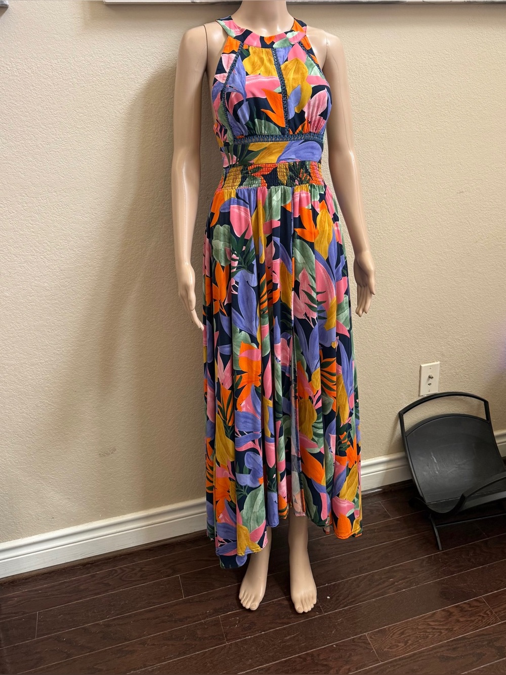 Anthropologie ABLE the Label Tropical Floral Halter Open Back Maxi Dress Size L